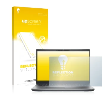 Parte frontal de un envase de producto con el logotipo de la marca upscreen. Al lado se muestra el dispositivo Dell Latitude 5