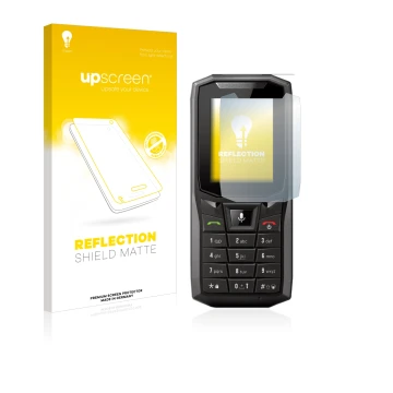 Parte frontal de un envase de producto con el logotipo de la marca upscreen. Al lado se muestra el dispositivo Crosscall Core-