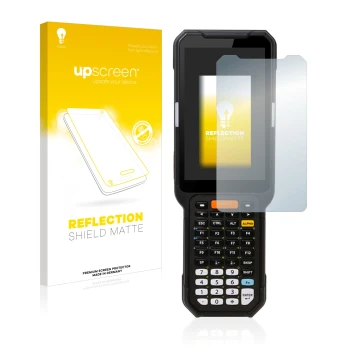 Parte frontal de un envase de producto con el logotipo de la marca upscreen. Al lado se muestra el dispositivo Point Mobile PM