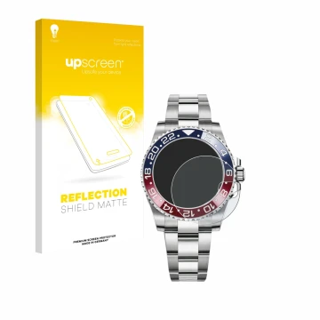 Parte frontal de un envase de producto con el logotipo de la marca upscreen. Al lado se muestra el dispositivo Rolex GMT-Maste