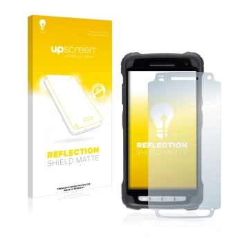 Parte frontal de un envase de producto con el logotipo de la marca upscreen. Al lado se muestra el dispositivo Janam XT3 con s