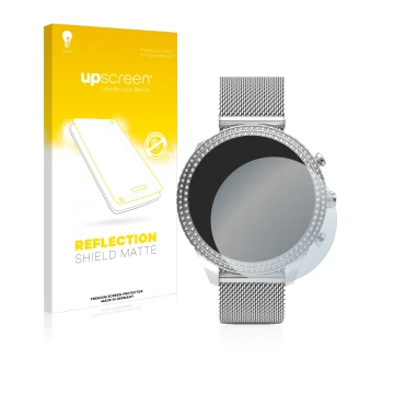 Parte frontal de un envase de producto con el logotipo de la marca upscreen. Al lado se muestra el dispositivo Fossil Stella (