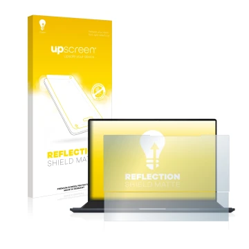 Parte frontal de un envase de producto con el logotipo de la marca upscreen. Al lado se muestra el dispositivo ASUS ZenBook Pr