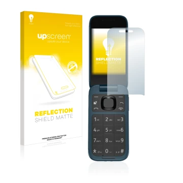 Parte frontal de un envase de producto con el logotipo de la marca upscreen. Al lado se muestra el dispositivo Nokia 2660 Flip