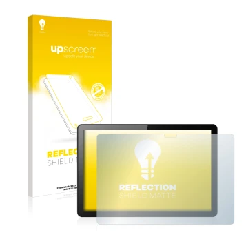 Parte frontal de un envase de producto con el logotipo de la marca upscreen. Al lado se muestra el dispositivo Lenovo Tab M10 