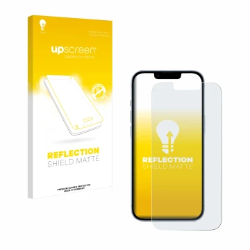 Parte frontal de un envase de producto con el logotipo de la marca upscreen. Al lado se muestra el dispositivo Apple iPhone 14