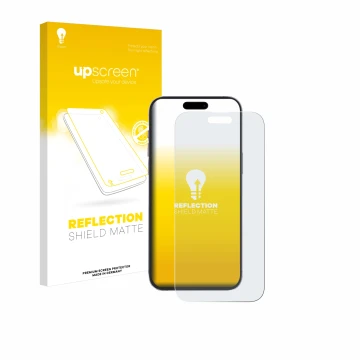 Parte frontal de un envase de producto con el logotipo de la marca upscreen. Al lado se muestra el dispositivo Apple iPhone 14