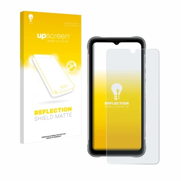 Parte frontal de un envase de producto con el logotipo de la marca upscreen. Al lado se muestra el dispositivo Umidigi Bison X