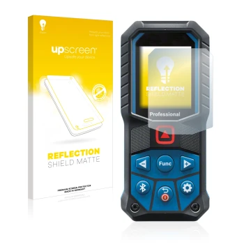 Parte frontal de un envase de producto con el logotipo de la marca upscreen. Al lado se muestra el dispositivo Bosch GLM 50-27