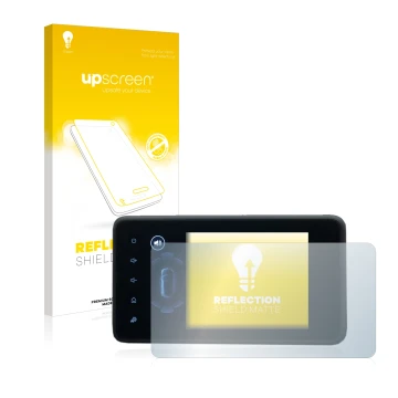 Parte frontal de un envase de producto con el logotipo de la marca upscreen. Al lado se muestra el dispositivo Dacia Jogger 20