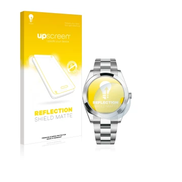 Parte frontal de un envase de producto con el logotipo de la marca upscreen. Al lado se muestra el dispositivo Rolex Datejust 