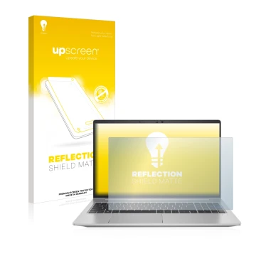 Parte frontal de un envase de producto con el logotipo de la marca upscreen. Al lado se muestra el dispositivo HP ProBook 650 