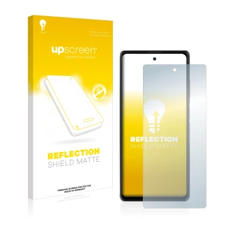 Parte frontal de un envase de producto con el logotipo de la marca upscreen. Al lado se muestra el dispositivo Blackview A100 