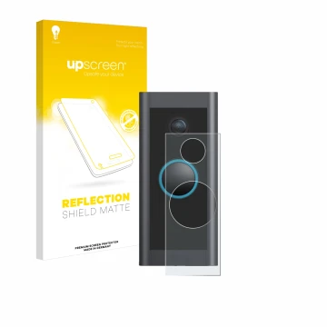 Parte frontal de un envase de producto con el logotipo de la marca upscreen. Al lado se muestra el dispositivo Ring Video Door