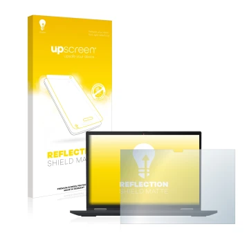 Parte frontal de un envase de producto con el logotipo de la marca upscreen. Al lado se muestra el dispositivo Lenovo ThinkPad