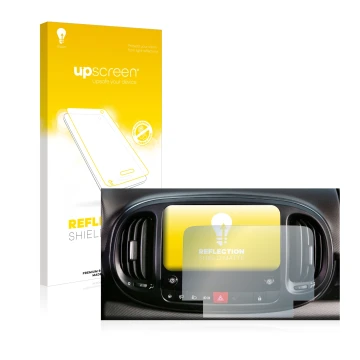 Parte frontal de un envase de producto con el logotipo de la marca upscreen. Al lado se muestra el dispositivo Fiat 500L 2022 