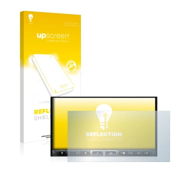 Parte frontal de un envase de producto con el logotipo de la marca upscreen. Al lado se muestra el dispositivo Alpine iLX-705D