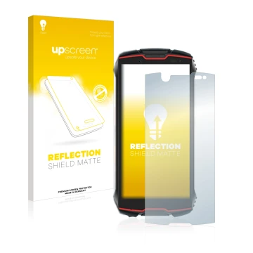 Parte frontal de un envase de producto con el logotipo de la marca upscreen. Al lado se muestra el dispositivo Cubot King Kong