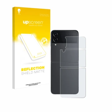 Parte frontal de un envase de producto con el logotipo de la marca upscreen. Al lado se muestra el dispositivo Samsung Galaxy 
