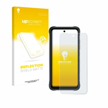 Parte frontal de un envase de producto con el logotipo de la marca upscreen. Al lado se muestra el dispositivo Umidigi Bison 2