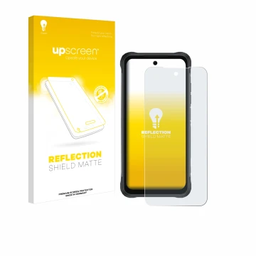 Parte frontal de un envase de producto con el logotipo de la marca upscreen. Al lado se muestra el dispositivo Umidigi Bison 2