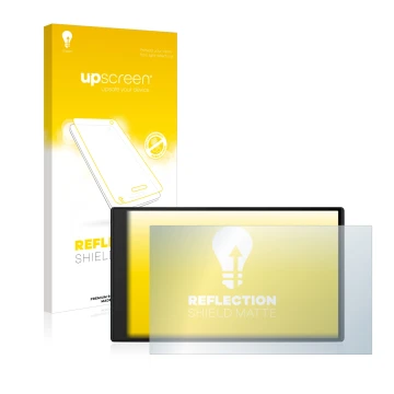 Parte frontal de un envase de producto con el logotipo de la marca upscreen. Al lado se muestra el dispositivo Garmin Camper 7