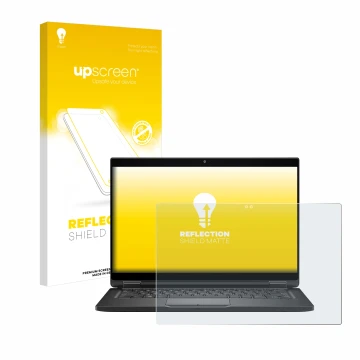 Parte frontal de un envase de producto con el logotipo de la marca upscreen. Al lado se muestra el dispositivo Dell Latitude 7