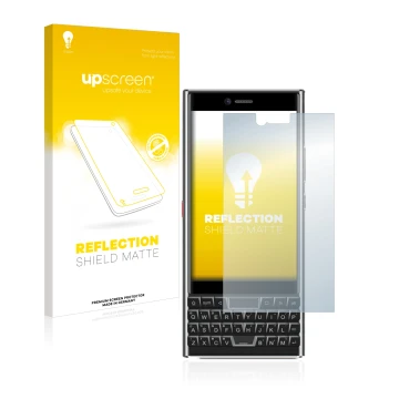 Parte frontal de un envase de producto con el logotipo de la marca upscreen. Al lado se muestra el dispositivo Unihertz Titan 