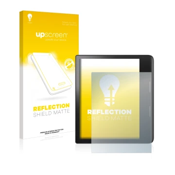 Parte frontal de un envase de producto con el logotipo de la marca upscreen. Al lado se muestra el dispositivo Tolino Epos 3 c