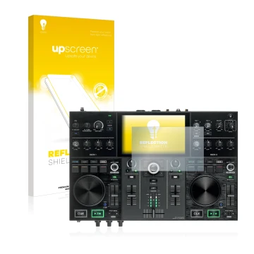 Parte frontal de un envase de producto con el logotipo de la marca upscreen. Al lado se muestra el dispositivo Denon DJ Prime 