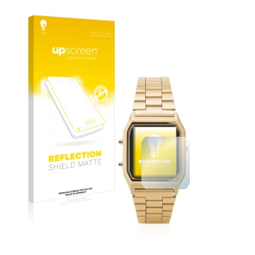 Parte frontal de un envase de producto con el logotipo de la marca upscreen. Al lado se muestra el dispositivo Casio AQ-230GA 