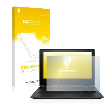 Parte frontal de un envase de producto con el logotipo de la marca upscreen. Al lado se muestra el dispositivo HP Chromebook x