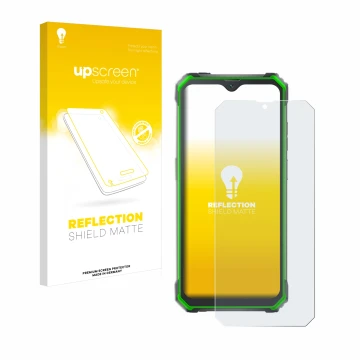 Parte frontal de un envase de producto con el logotipo de la marca upscreen. Al lado se muestra el dispositivo Blackview BV710