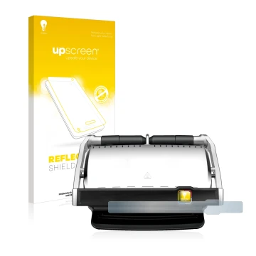 Parte frontal de un envase de producto con el logotipo de la marca upscreen. Al lado se muestra el dispositivo Tefal OptiGrill