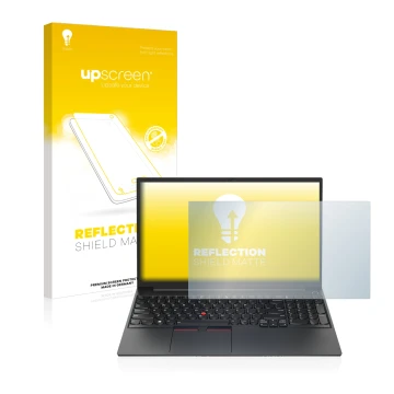 Parte frontal de un envase de producto con el logotipo de la marca upscreen. Al lado se muestra el dispositivo Lenovo ThinkPad