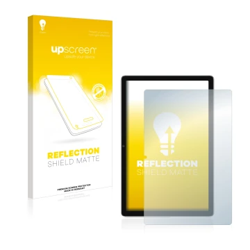 Parte frontal de un envase de producto con el logotipo de la marca upscreen. Al lado se muestra el dispositivo Blackview Tab 1