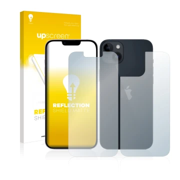 Parte frontal de un envase de producto con el logotipo de la marca upscreen. Al lado se muestra el dispositivo Apple iPhone 14