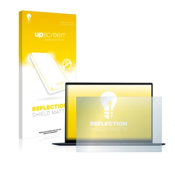 Parte frontal de un envase de producto con el logotipo de la marca upscreen. Al lado se muestra el dispositivo ASUS ZenBook 14