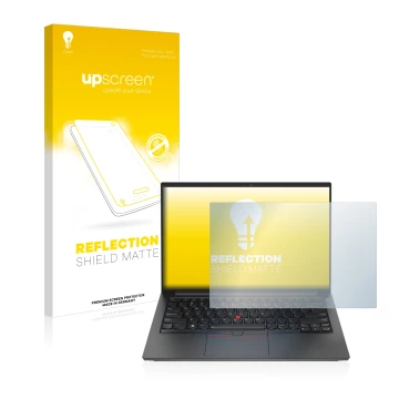 Parte frontal de un envase de producto con el logotipo de la marca upscreen. Al lado se muestra el dispositivo Lenovo ThinkPad