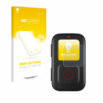 Parte frontal de un envase de producto con el logotipo de la marca upscreen. Al lado se muestra el dispositivo GoPro Remote co