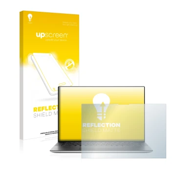 Parte frontal de un envase de producto con el logotipo de la marca upscreen. Al lado se muestra el dispositivo Dell XPS 15 952