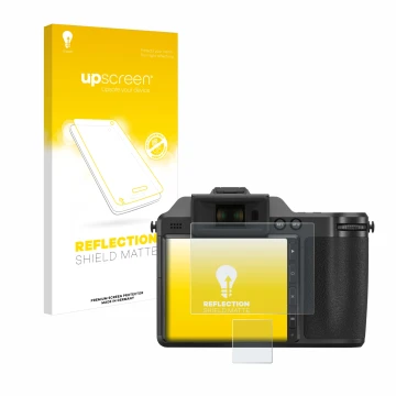 Parte frontal de un envase de producto con el logotipo de la marca upscreen. Al lado se muestra el dispositivo Fujifilm X-H2 c