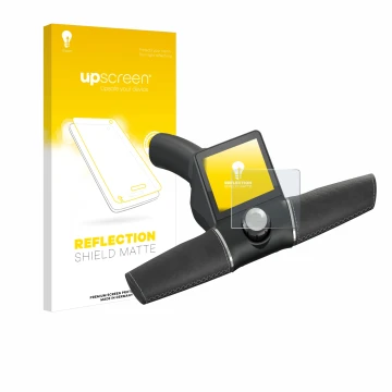 Parte frontal de un envase de producto con el logotipo de la marca upscreen. Al lado se muestra el dispositivo Motocaddy M3 GP