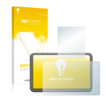 Parte frontal de un envase de producto con el logotipo de la marca upscreen. Al lado se muestra el dispositivo DJI Osmo Action