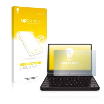 Parte frontal de un envase de producto con el logotipo de la marca upscreen. Al lado se muestra el dispositivo GPD Win Max 2 c