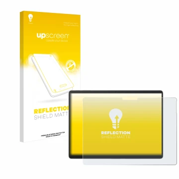 Parte frontal de un envase de producto con el logotipo de la marca upscreen. Al lado se muestra el dispositivo Microsoft Surfa