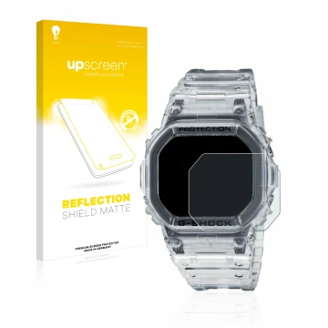 Parte frontal de un envase de producto con el logotipo de la marca upscreen. Al lado se muestra el dispositivo Casio G-Shock D