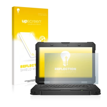 Parte frontal de un envase de producto con el logotipo de la marca upscreen. Al lado se muestra el dispositivo Dell Latitude 5