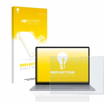 Parte frontal de un envase de producto con el logotipo de la marca upscreen. Al lado se muestra el dispositivo Microsoft Surfa