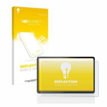 Parte frontal de un envase de producto con el logotipo de la marca upscreen. Al lado se muestra el dispositivo Lenovo Tab P11 